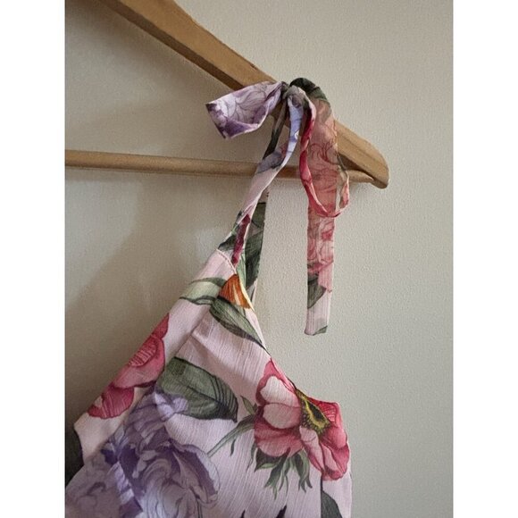 Express Pink Floral Spring Chiffon Tie Strap Tiered Maxi Dress Small Romantic - Picture 3 of 12
